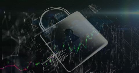 Digital Padlock Overlay on Financial Graphs Symbolizing Cybersecurity