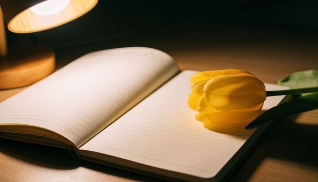 Yellow tulip resting on open lined notebook under warm desk lamp for night journaling