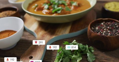 Rustic curry and spice flatlay featuring cilantro, peppercorns and social media badges