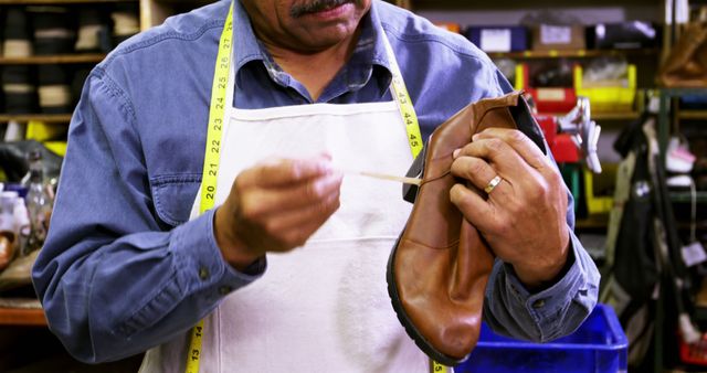 This image depicts a craftsman engaged in repairing a leather shoe with focused attention in a workshop environment. The presence of tools and materials in the background suggests an authentic work setting. This image is ideal for use in articles about small businesses, traditional craftsmanship, shoe repair services, or handmade leather goods.