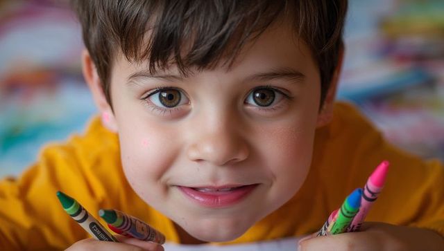 Close-up smiling child wearing bright yellow shirt holding colorful crayons on white paper