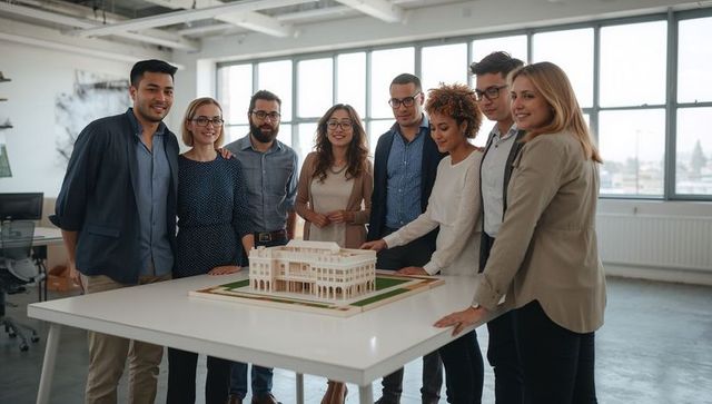 Architects Collaborating Over Neoclassical Building Scale Model in Modern Studio