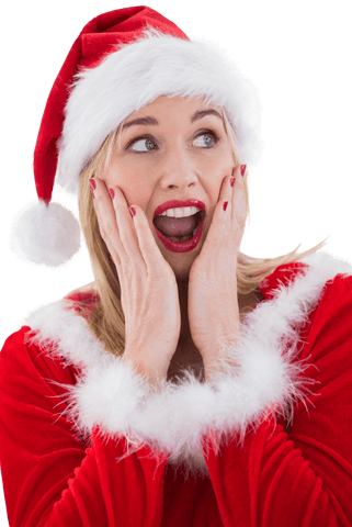 Surprised woman in santa outfit with hands on face