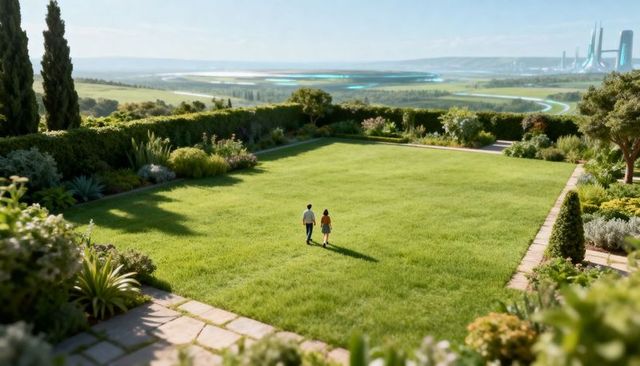 Couple walking across manicured square lawn with lush garden and far futuristic skyline