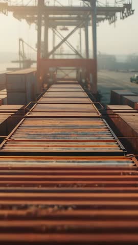 Tracking along container tops toward gantry crane at port terminal during hazy dawn