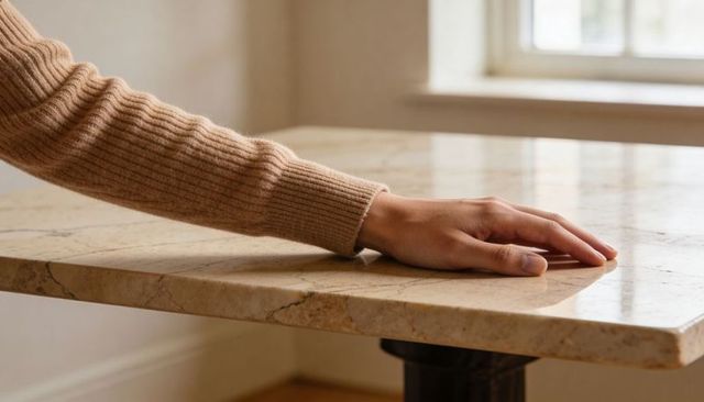 Hand resting on marble table by window in soft daylight, tan sweater sleeve, minimalist