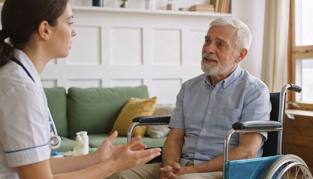 Nurse consulting with senior man in wheelchair during compassionate in-home care visit