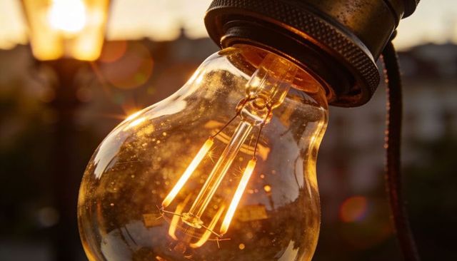 Glowing vintage filament bulb closeup at dusk casting warm amber light, metal socket braided cable