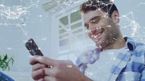 Smiling Man Using Smartphone with Network Connections Overlay