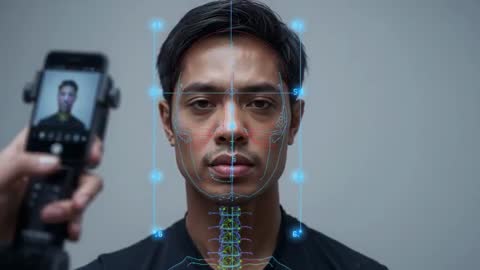 Mobile Biometric Face Scan Video Showing AI Facial Mapping and Landmark Alignment on Asian Male Subj
