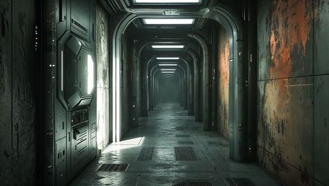 Futuristic Metallic Corridor in Industrial Facility with Foggy Exit