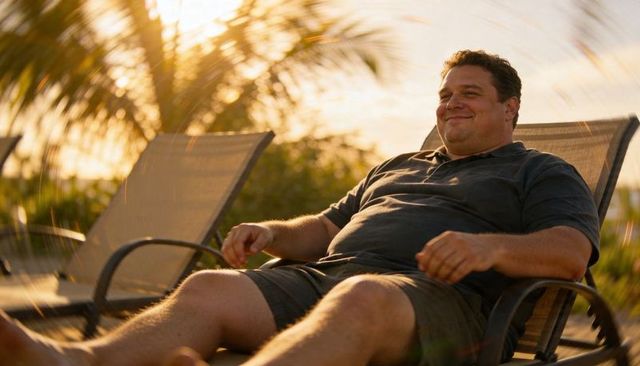 Smiling man relaxing on poolside lounge chair at golden hour with tropical palm bokeh