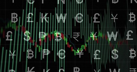 Digital Financial Interface Displaying Candlestick Chart with Currency Symbols