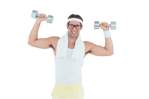 Geeky hipster exercising with dumbbells on transparent background