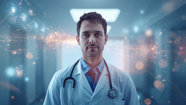 Male doctor standing in futuristic hospital corridor surrounded by digital data halo