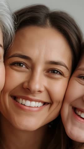 Vertical clip of mother smiling with grandma and daughter sharing warm family bond