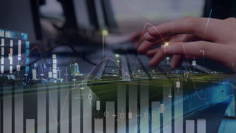 Hands Typing on Keyboard with Financial Graph Overlay