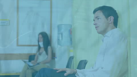 Business Professionals Animated Data Overlay in Office Lobby