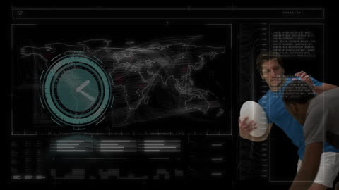 Futuristic Digital Overlay on Rugby Game Featuring Time and World Map