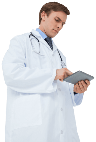 Transparent health professional using digital tablet with focused expression