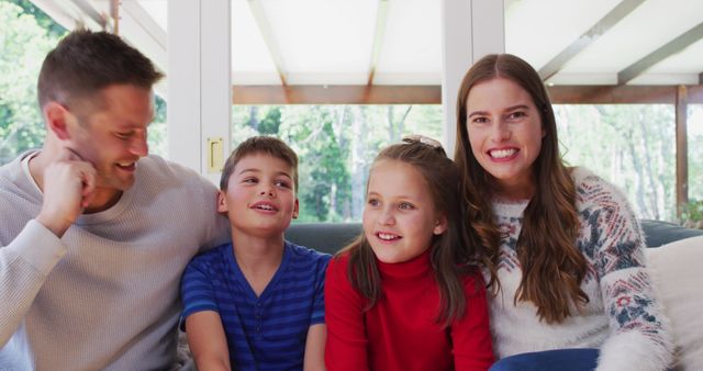 Happy Caucasian Family Smiling and Waving at Home During Coronavirus Quarantine - Download Free Stock Images Pikwizard.com