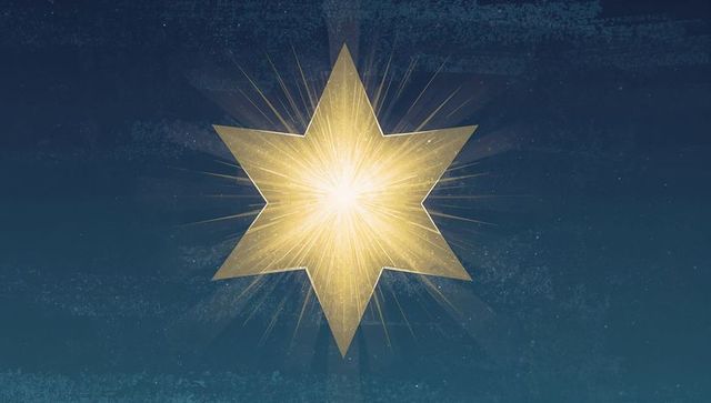 Radiating golden six-pointed star emblem glowing on deep blue textured background