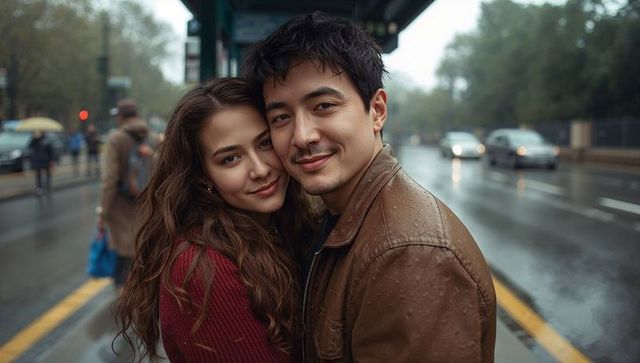 Smiling couple embracing at rainy bus stop, urban love on wet street with reflections