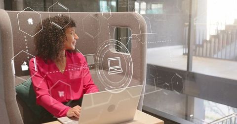 Businesswoman Using Futuristic Interface in Modern Workspace