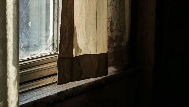 Beige curtain filtering sunlight through dusty window in abandoned room with chipped sill