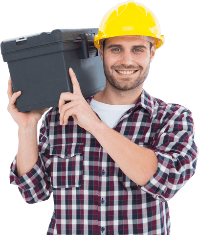 Smiling repairman with toolbox on shoulder and hard hat transparent