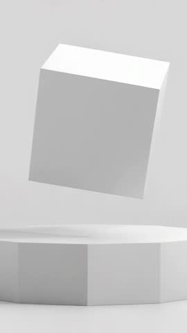 Vertical video showing white cube floating and rotating above pedestal minimalist geometric