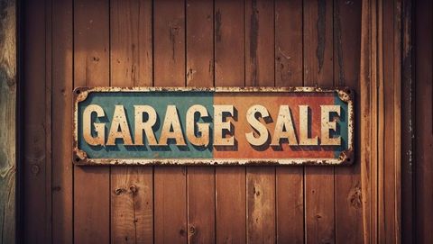 Vintage garage sale sign on rustic wooden wall