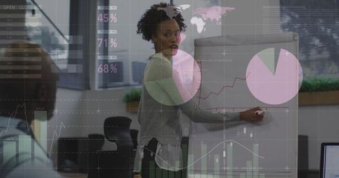 Business presenter pointing at flipchart with overlaid charts, pie graphs and world map