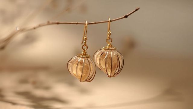 Hanging gold wire lantern earrings catching warm light with peach glass beads
