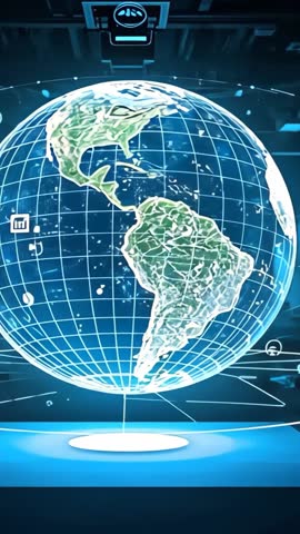 Rotating holographic globe projecting live data streams in futuristic tech lab — vertical