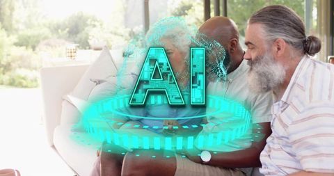 Mature adults exploring ai hologram on tablet in bright modern living room