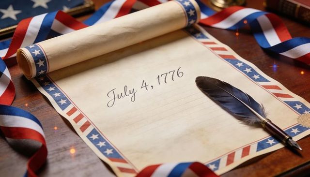 Vintage declaration scroll july 4 1776 calligraphy with feather quill and patriotic ribbon