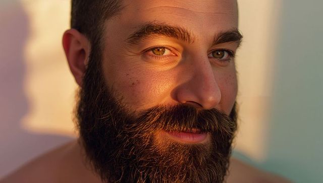 Bearded man basking in golden-hour sunlight, warm skin texture closeup, freckled complexion