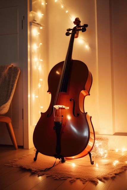 Brown cello displayed in room with fairy lights, created using generative ai technology. Music, instruments and hobbies concept digitally generated image.