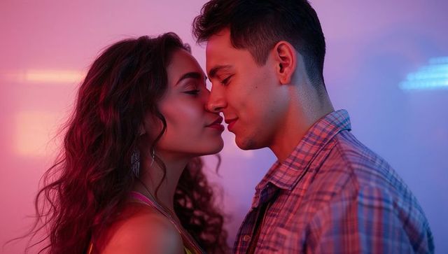Couple leaning nose-to-nose sharing intimate moment under pink-blue neon lighting