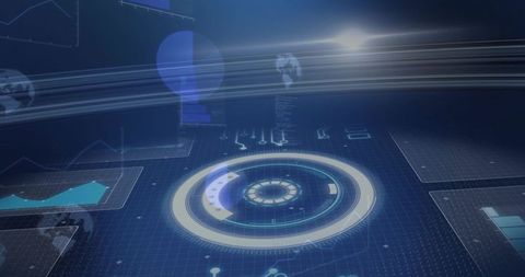 Futuristic holographic radar interface with concentric rings and data panels on blue grid