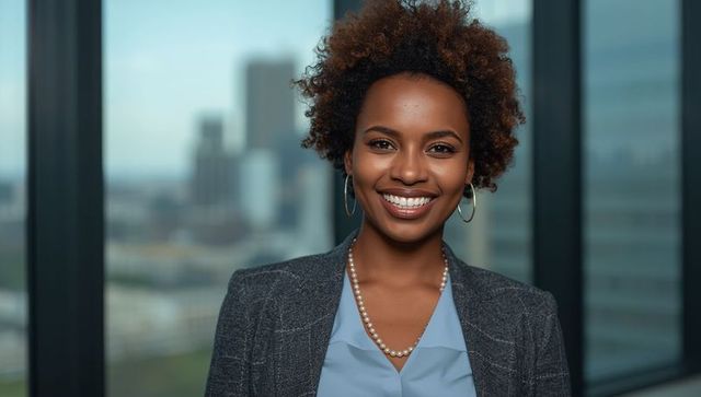 Confident businesswoman in modern office with cityscape background