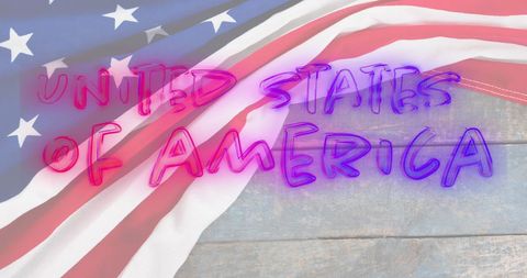 USA Neon Text Overlaid on American Flag Background
