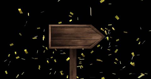 Wooden Signpost with Gold Confetti on Black Background