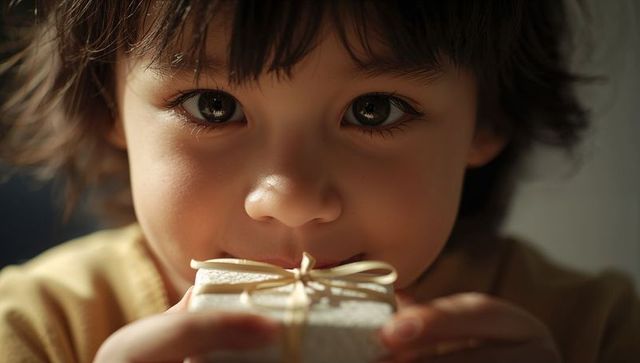 Curious child holding small wrapped gift, gazing at camera with warm soft light
