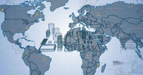 Futuristic digital network over global map illustration