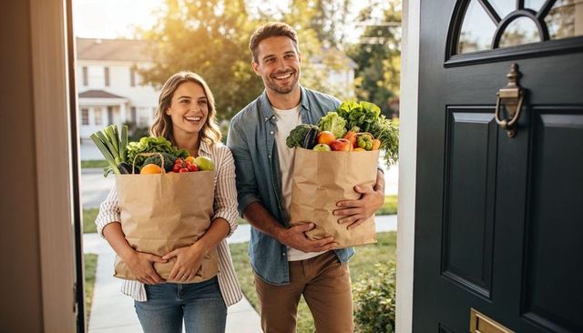 Smiling young couple carrying grocery bags of fresh produce at sunlit suburban doorway