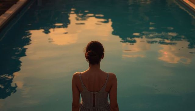 Woman with bun gazing at reflective pool at dusk teal amber minimalist silhouette