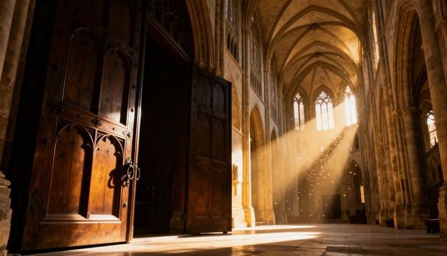 Swinging carved wooden door revealing sunbeams in gothic cathedral nave with dust motes
