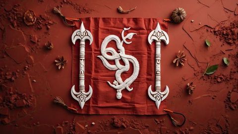 Ancient ritual artifacts with serpent and axes on red background